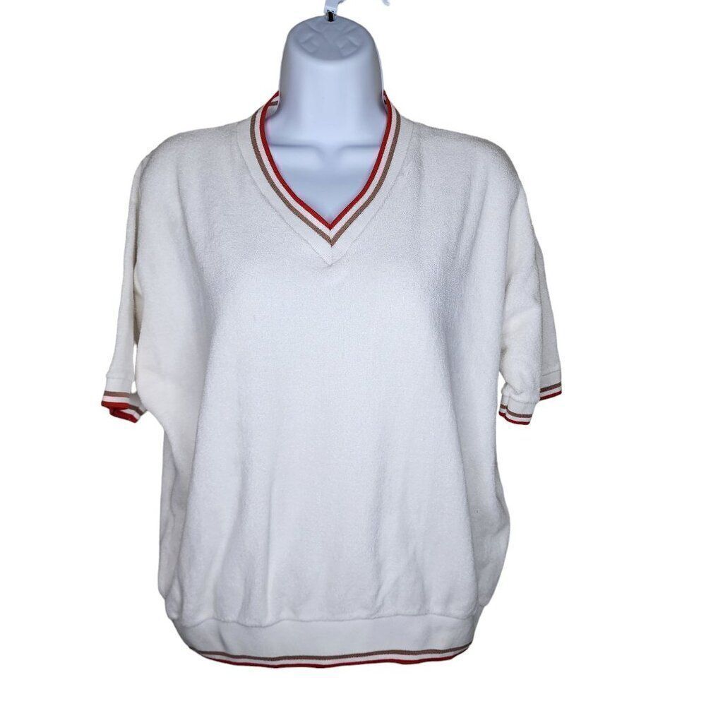 Vintage 70s Short Sleeve VNeck Terry Cloth Shirt Womens Size L White